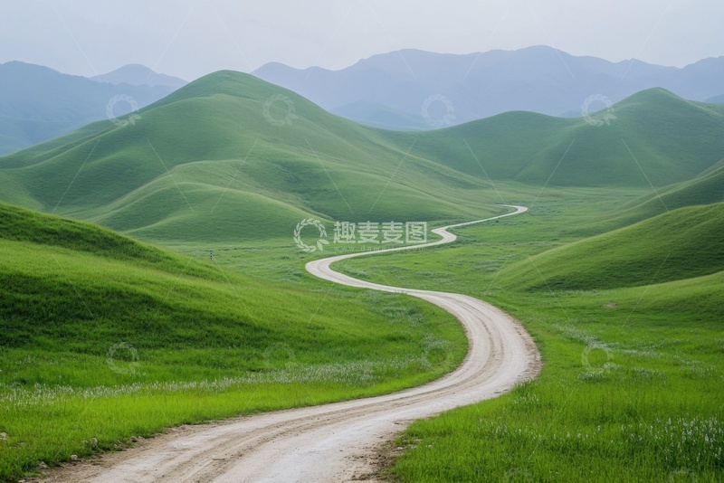 高清大图下载【趣麦麦图】远山绿草地山坡土路