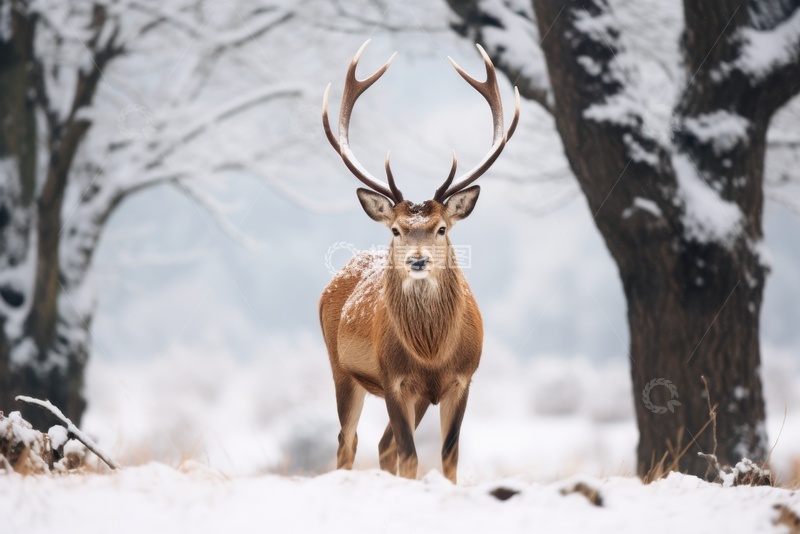 高清大图下载【趣麦麦图】冬季雪地里的一头麋鹿
