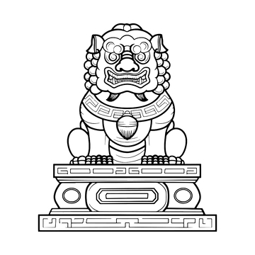 矢量简约黑白石狮子线稿