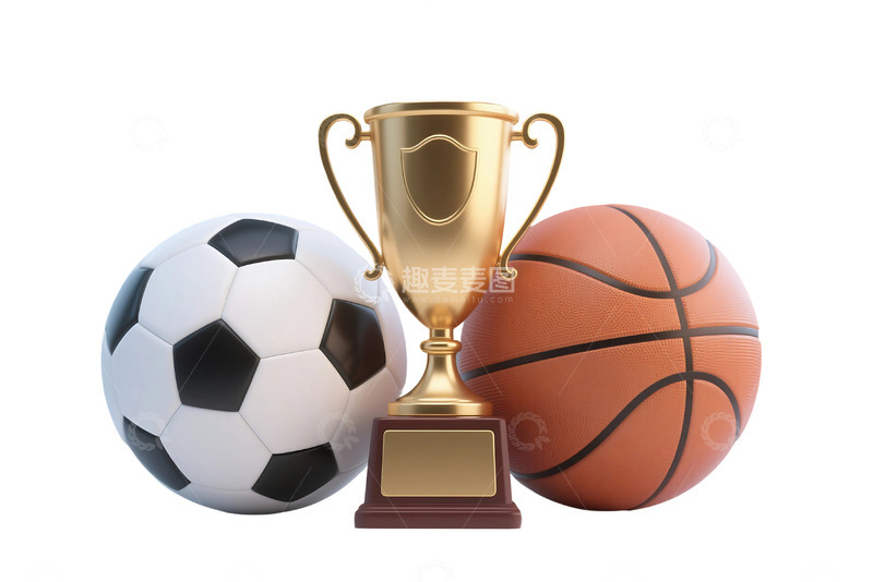 高清大图下载【趣麦麦图】免抠3D渲染的足球篮球奖杯 