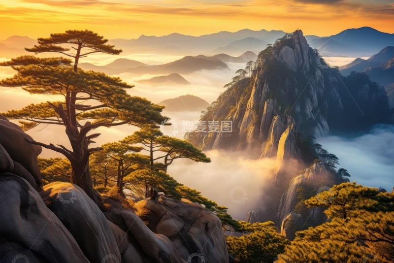 高清大图下载【趣麦麦图】黄山山顶松树云雾美景