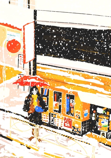 冬季节日创作漫天飞雪和商店街道