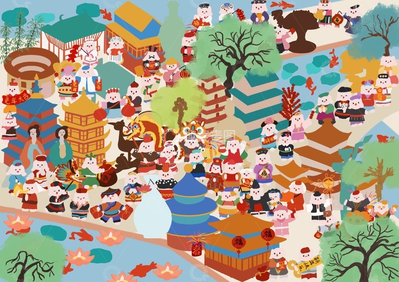 高清大图下载【趣麦麦图】原创治愈插画作品素材春节民族