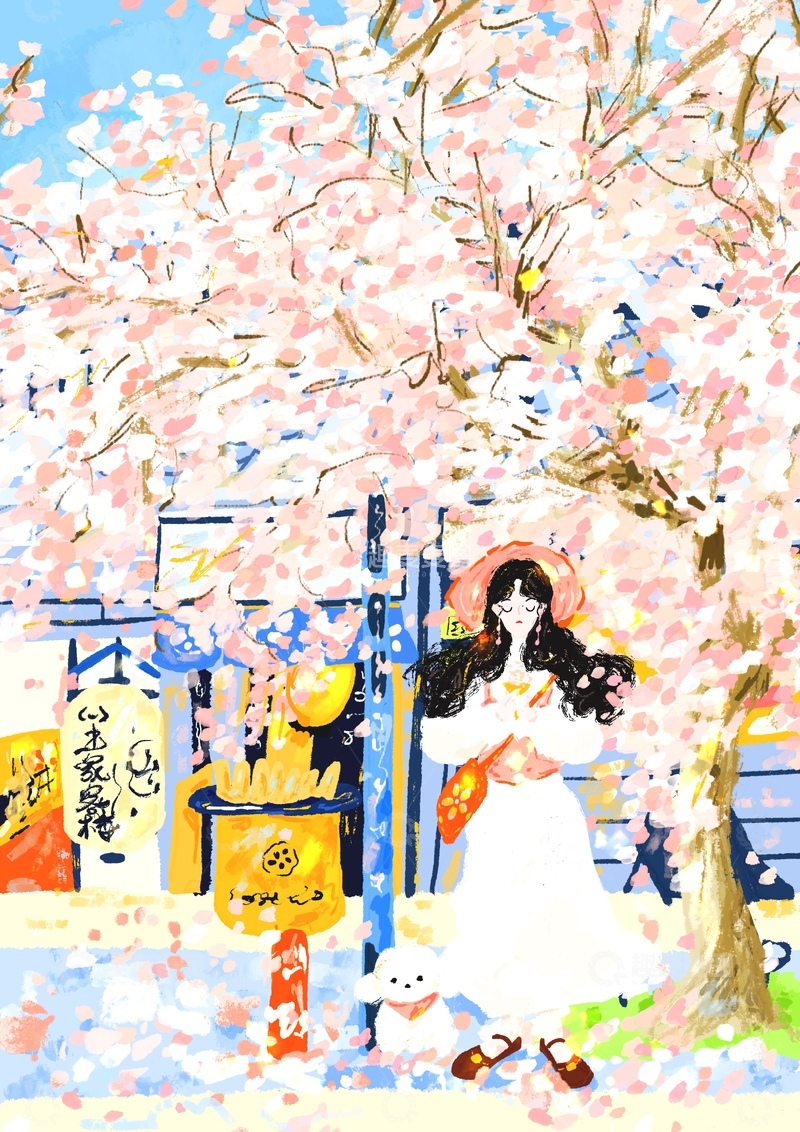 高清大图下载【趣麦麦图】原创治愈插画作品素材春天樱花