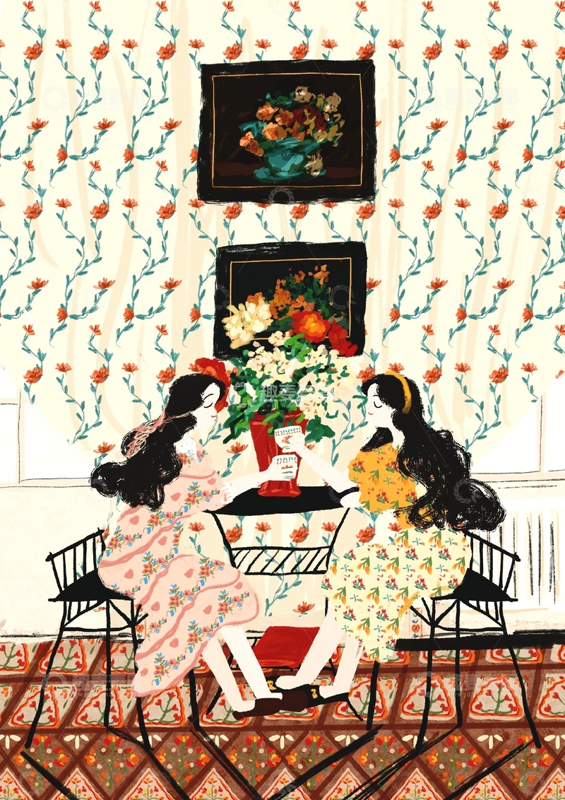 高清大图下载【趣麦麦图】原创治愈插画作品素材家庭聚会