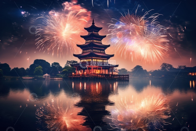 高清大图下载【趣麦麦图】城市湖泊角楼烟花夜景