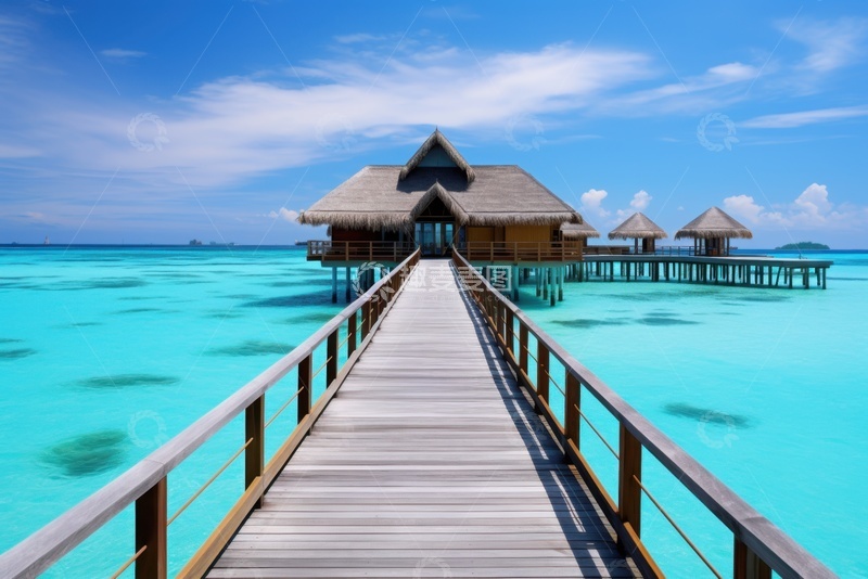 高清大图下载【趣麦麦图】夏季海滩木栈桥