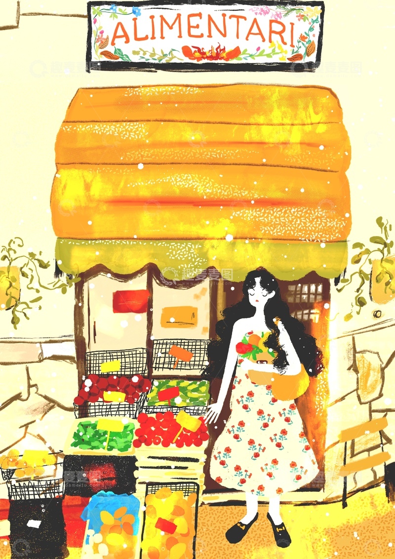 高清大图下载【趣麦麦图】原创治愈插画作品素材旅游水果店