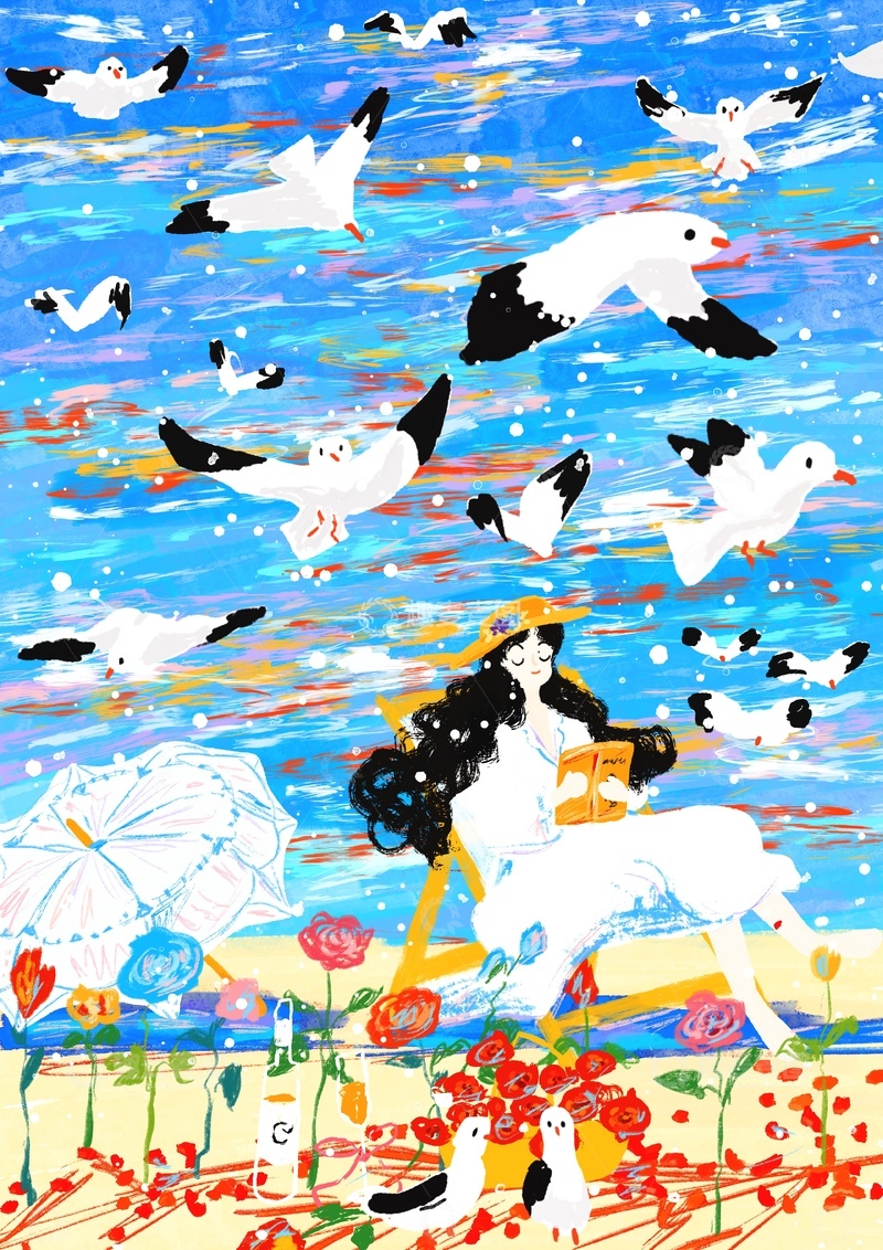 高清大图下载【趣麦麦图】原创治愈插画作品素材夏日海边海鸥