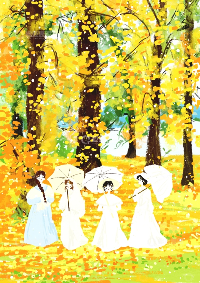 高清大图下载【趣麦麦图】原创治愈插画作品素材秋日姐妹聚会