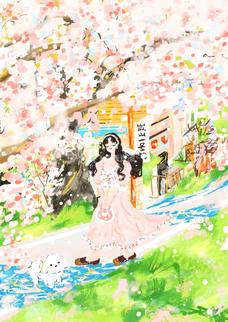 高清大图下载【趣麦麦图】原创治愈插画作品素材春日樱花
