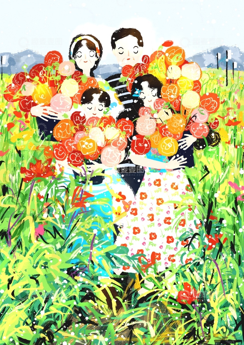 高清大图下载【趣麦麦图】原创治愈插画作品素材和家人的花园聚会