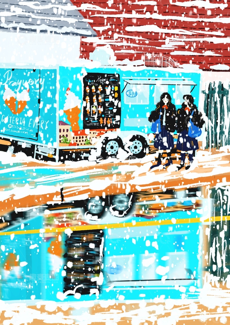 高清大图下载【趣麦麦图】原创治愈插画作品素材冬日朋友出行