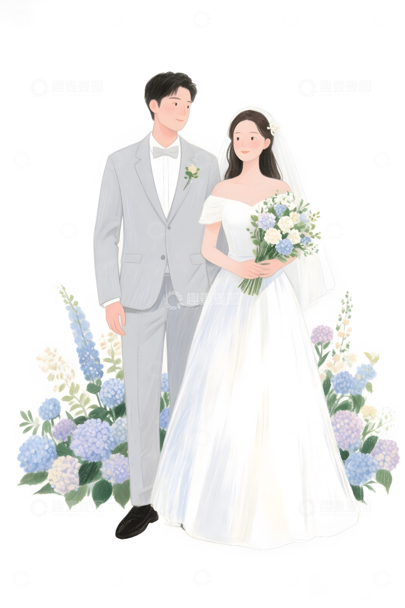 高清大图下载【趣麦麦图】婚礼人物手捧花插画