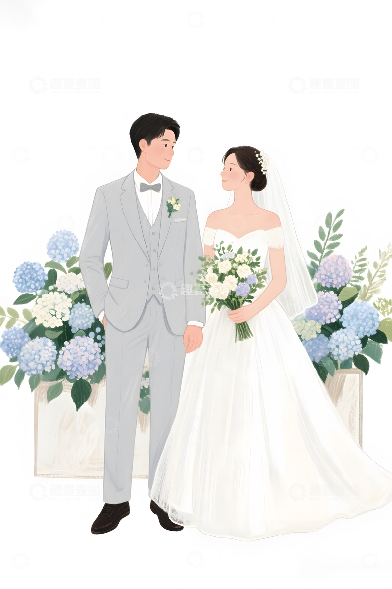 高清大图下载【趣麦麦图】婚礼新郎新娘绣球花主题插画