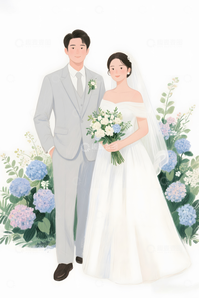 高清大图下载【趣麦麦图】婚礼新郎新娘绣球主题插画