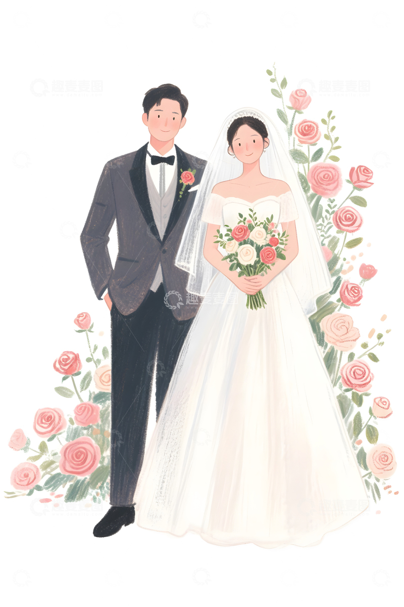 高清大图下载【趣麦麦图】婚礼婚庆新郎新娘玫瑰背景插画