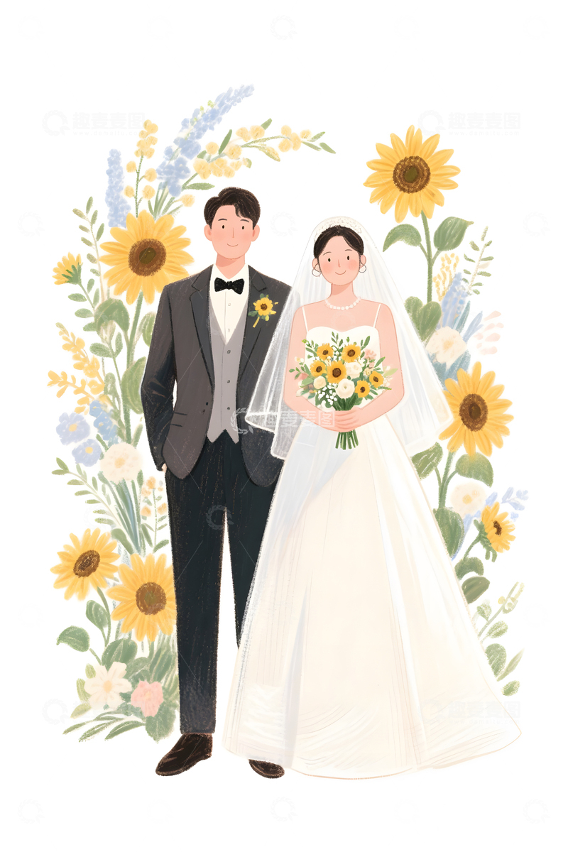 高清大图下载【趣麦麦图】向日葵婚庆新娘新郎插画
