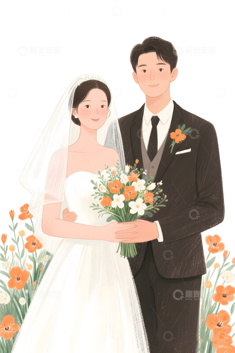 高清大图下载【趣麦麦图】婚礼人物手捧花插画4