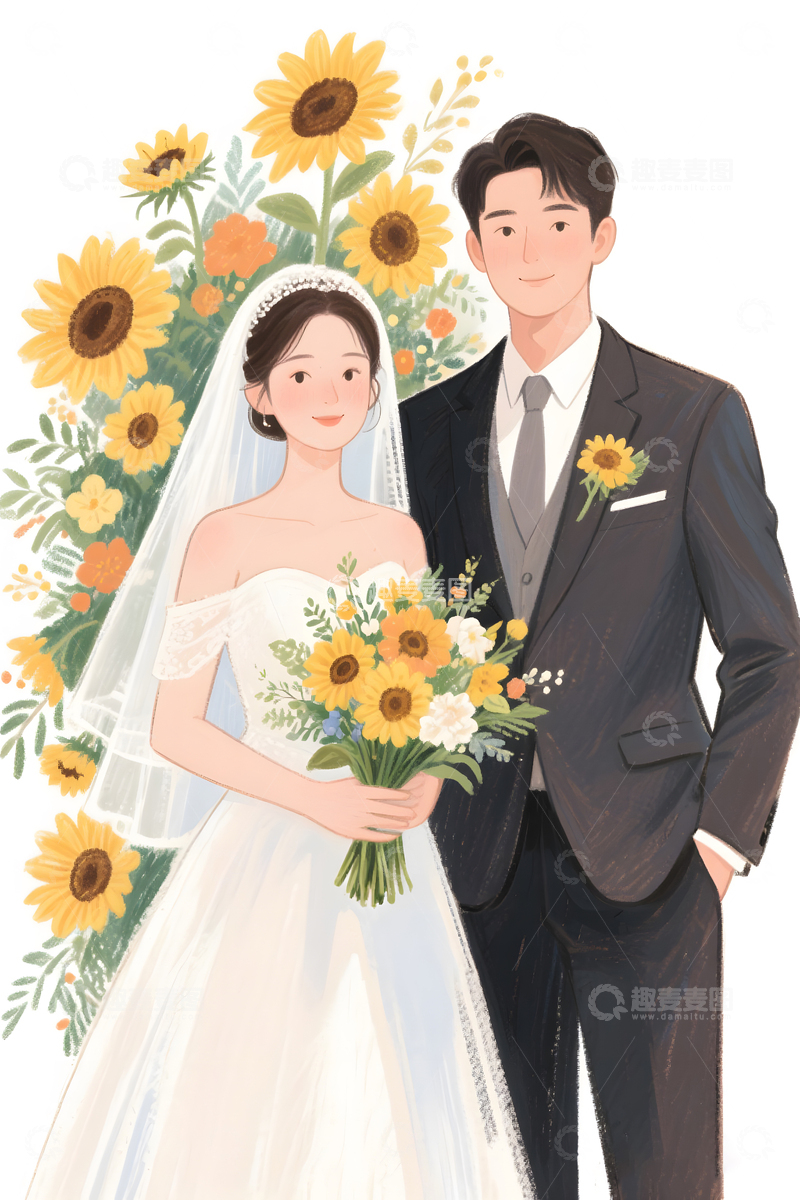 高清大图下载【趣麦麦图】向日葵婚礼新娘新郎插画