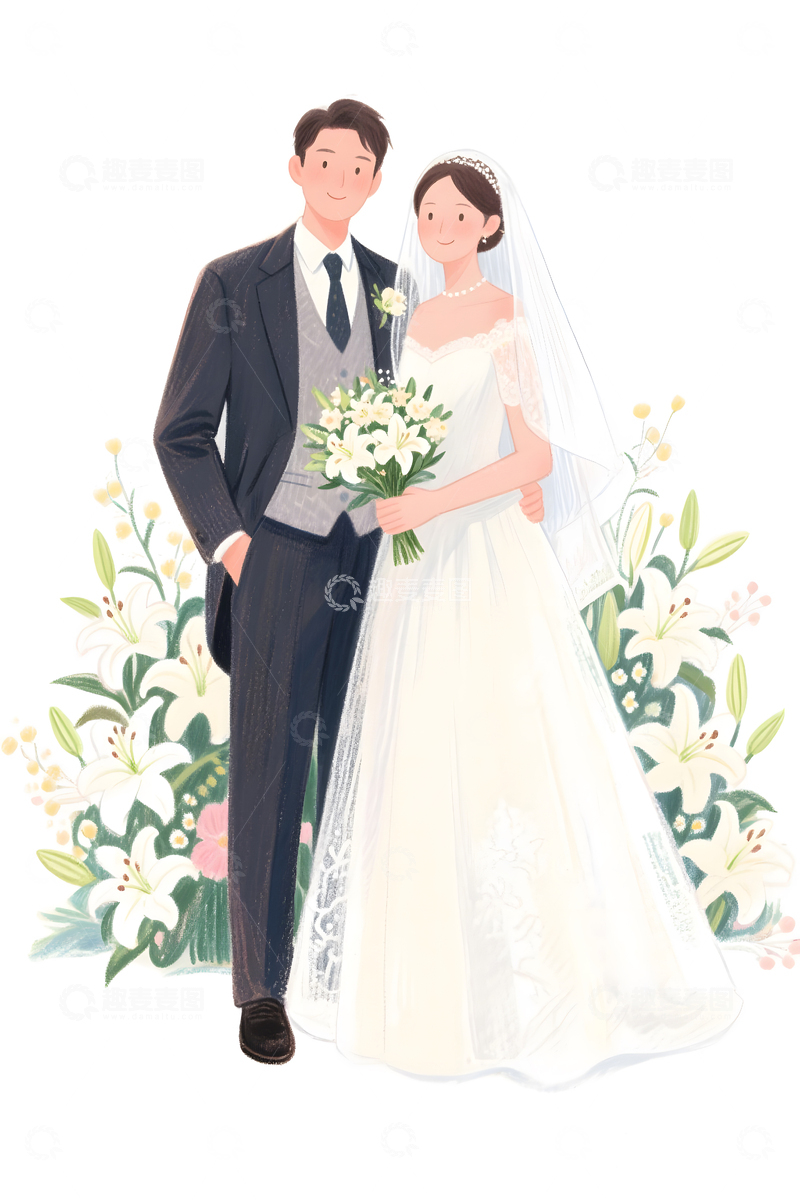 高清大图下载【趣麦麦图】婚礼新郎新娘插画