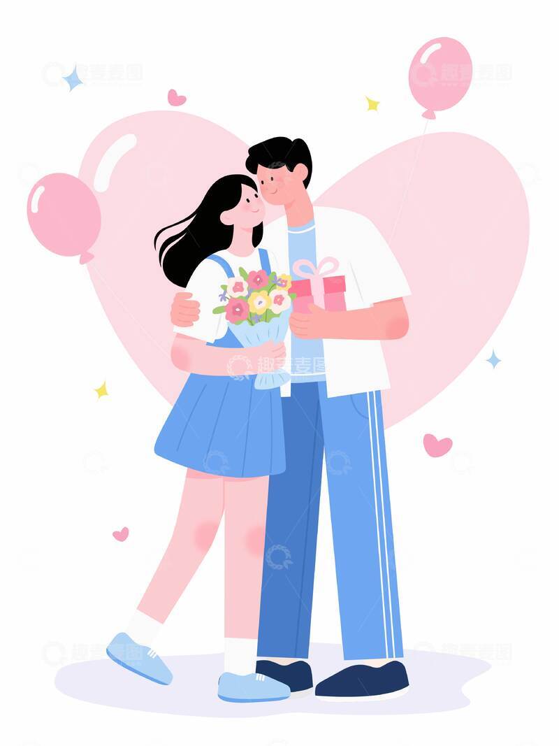 源文件下载【趣麦麦图】情侣插画元素七夕情人节送花送礼物