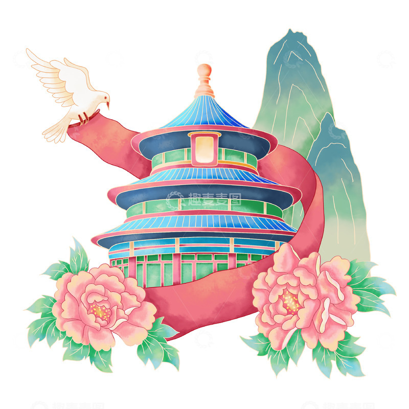 高清大图下载【趣麦麦图】 青山国潮山水描线花元素