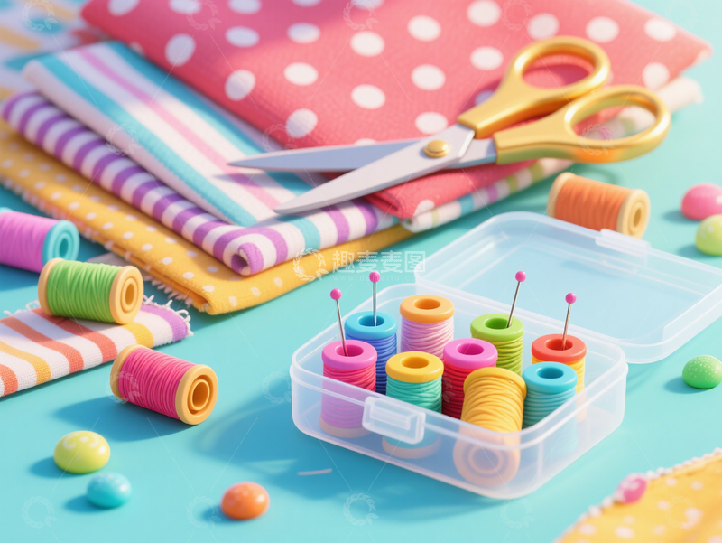 高清大图下载【趣麦麦图】-缤纷缝纫工具多彩线轴剪刀与花布