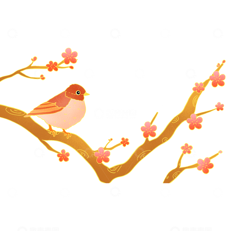 源文件下载【趣麦麦图】彩绘卡通花朵花枝树枝树干鸟麻雀