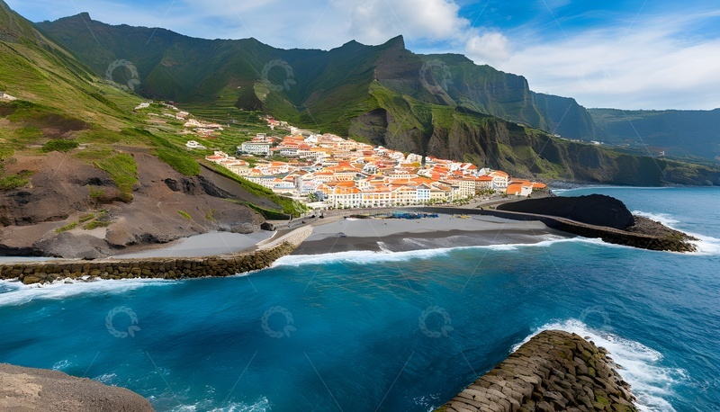 高清大图下载【趣麦麦图】碧海青山环绕的彩色滨海小镇全景