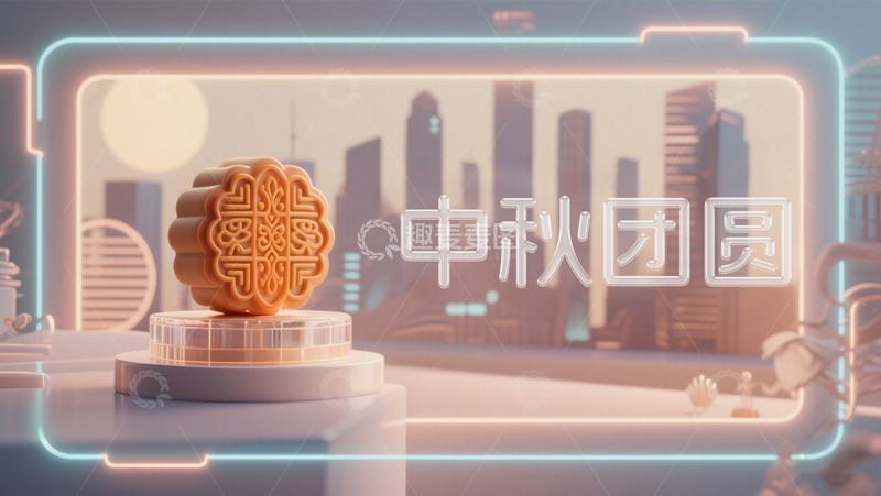 灰调高级感城市立体月饼霓虹灯中秋海报