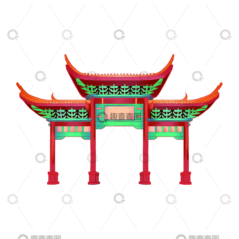 牌楼门楼牌坊建筑线稿地标景点建筑物