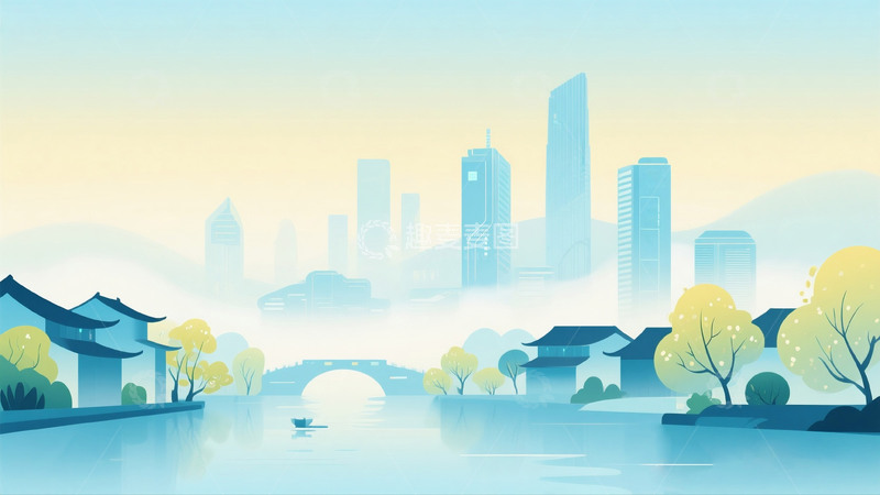 高清大图下载【趣麦麦图】江南水乡建筑湖泊弥散渐变插画