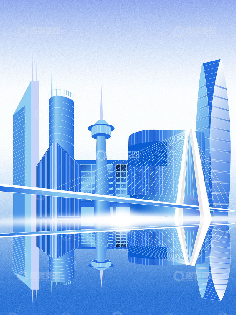 源文件下载【趣麦麦图】渐变色城市剪影线稿上色插画