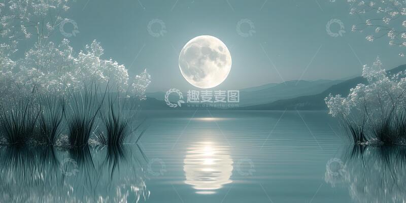 高清大图下载【趣麦麦图】圆月西沉芦苇湖