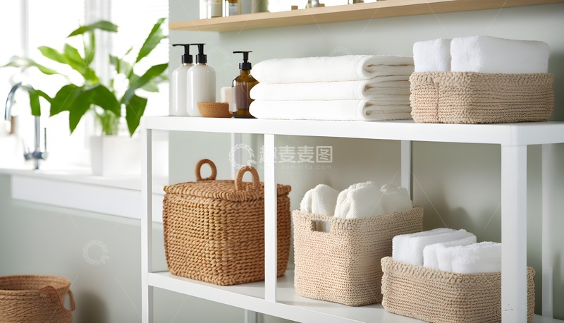 高清大图下载【趣麦麦图】浴室置物架收纳布置 毛巾绿植点缀空间