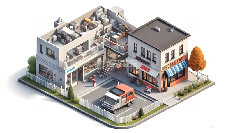 高清大图下载【趣麦麦图】现代商业建筑3D等距插画场景