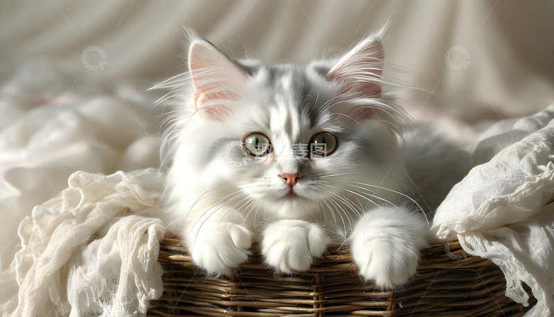 高清大图下载【趣麦麦图】篮中白猫慵懒趴卧 小狗般萌态惹人怜
