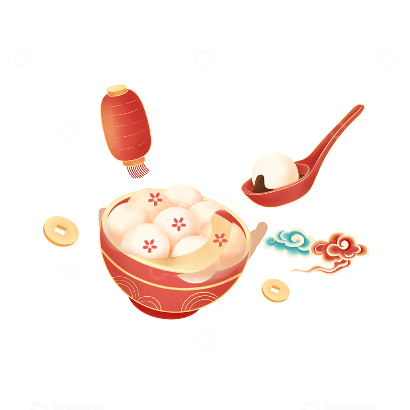 源文件下载【趣麦麦图】元宵节汤圆元宵勺子红灯笼金钱祥云