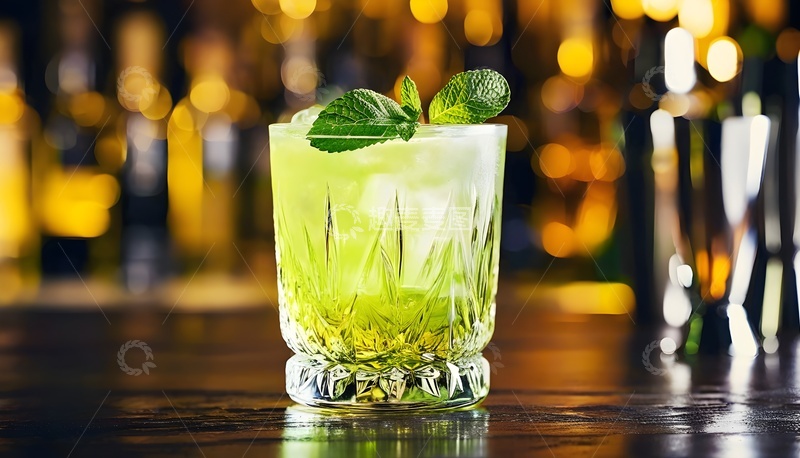 高清大图下载【趣麦麦图】吧台薄荷鸡尾酒特写 清新绿饮配薄荷叶