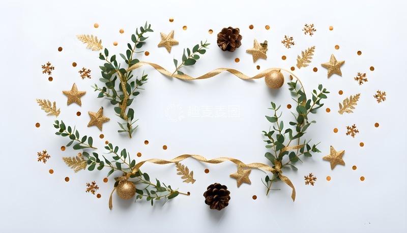 高清大图下载【趣麦麦图】圣诞装饰素材：金饰绿植环绕留白构图