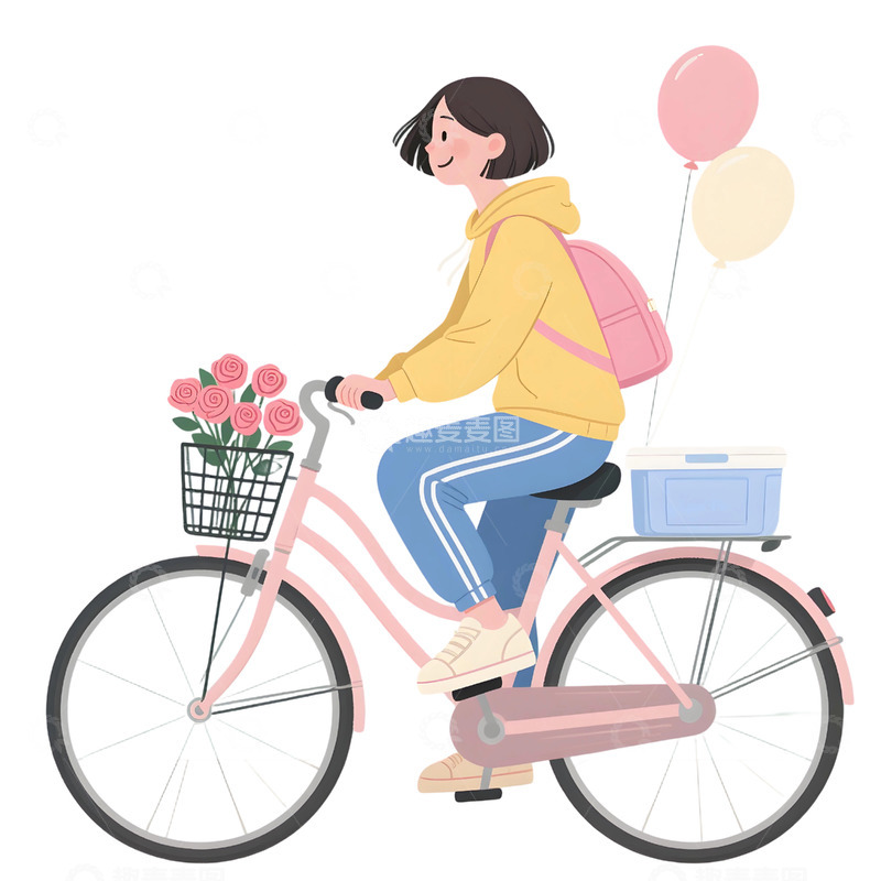 高清大图下载【趣麦麦图】女孩骑行插画素材1
