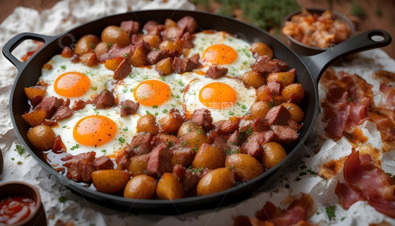 高清大图下载【趣麦麦图】铸铁锅煎蛋配香肠土豆 家常早餐美味