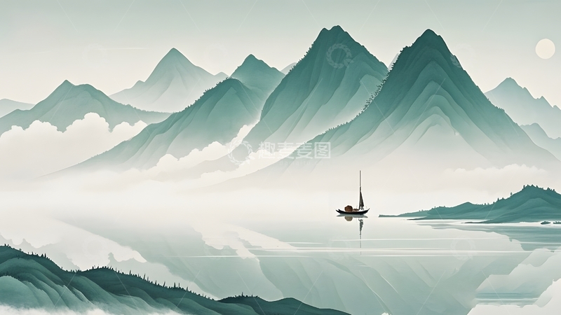 高清大图下载【趣麦麦图】中式意境山水扁舟插画