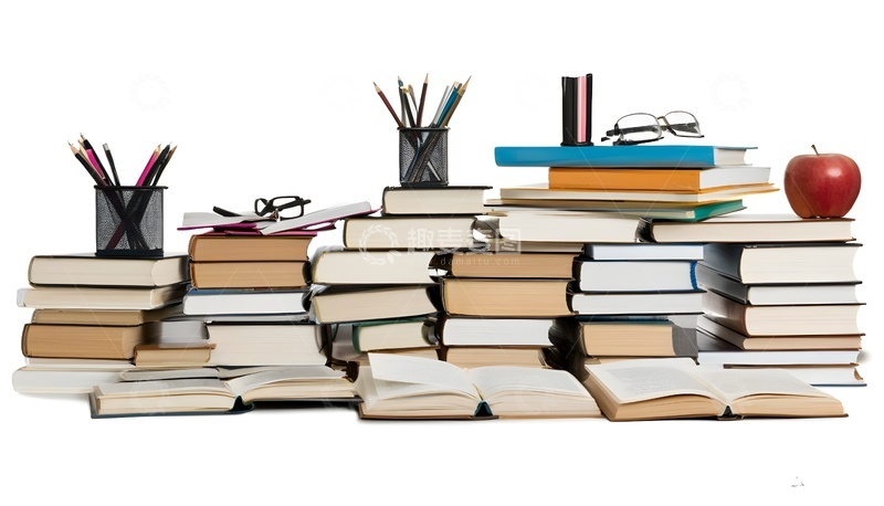 高清大图下载【趣麦麦图】-书本文具堆叠学习场景素材