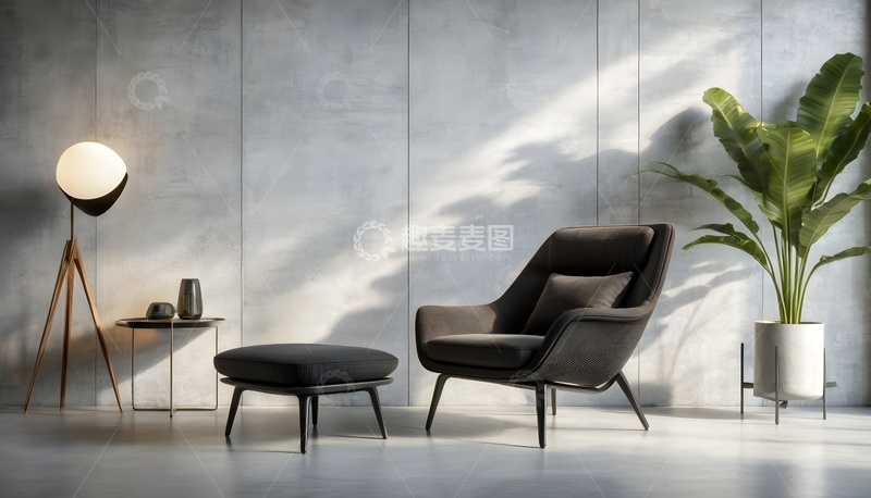 高清大图下载【趣麦麦图】现代简约客厅一隅，灰墙绿植配黑沙发