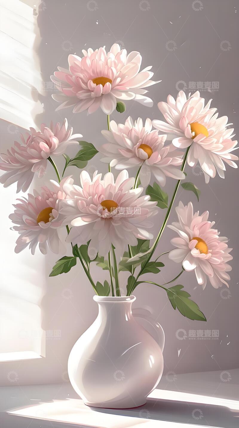 高清大图下载【趣麦麦图】夏天治愈系手绘粉白菊花壁纸