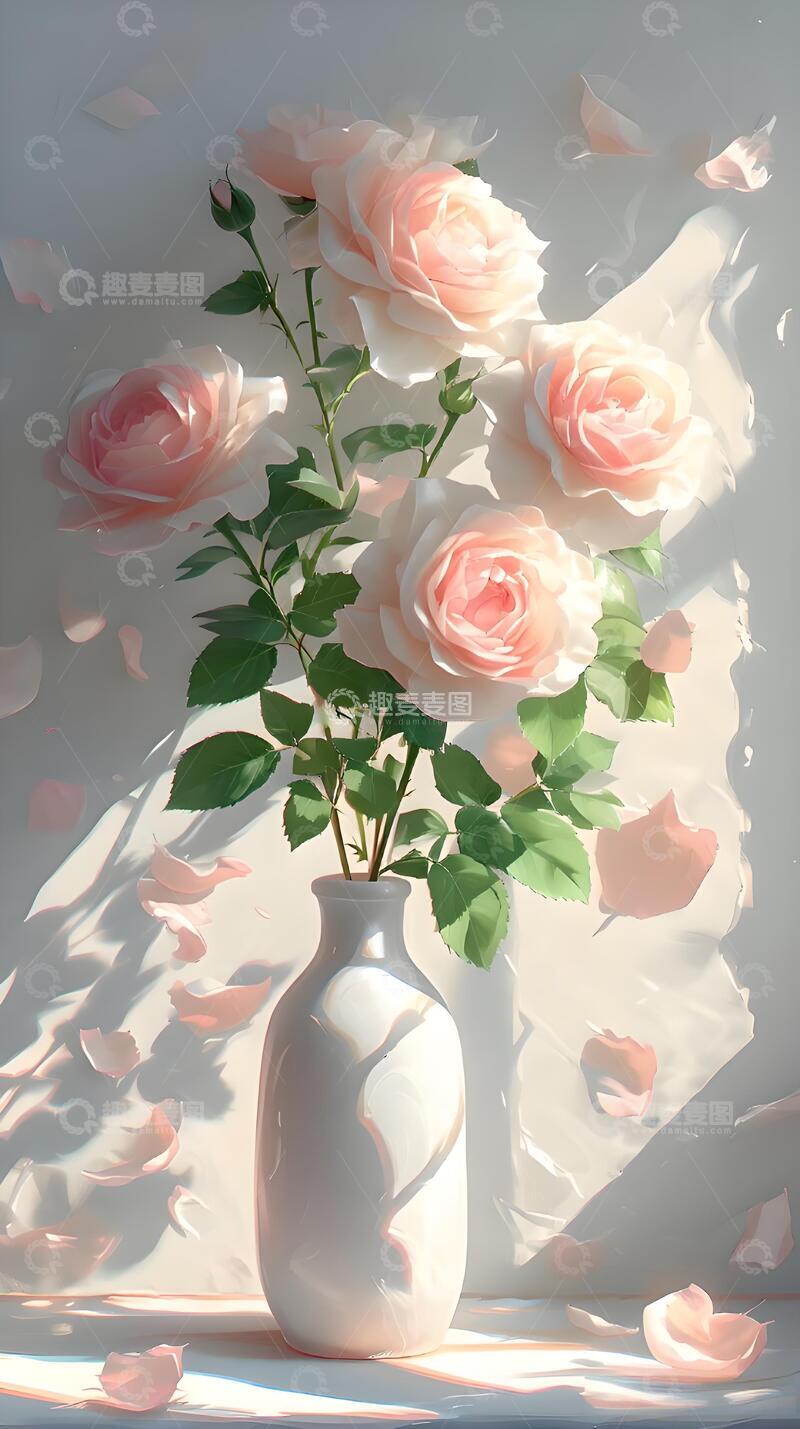 高清大图下载【趣麦麦图】夏天手绘风治愈系粉白玫瑰