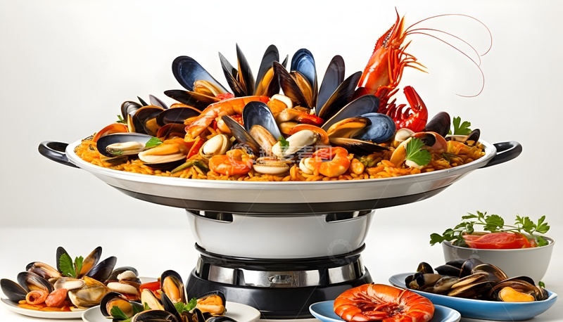 高清大图下载【趣麦麦图】丰盛海鲜饭高脚锅暖炉加热
