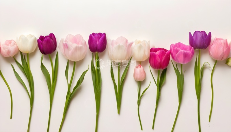 高清大图下载【趣麦麦图】多彩郁金香一字排列娇艳图
